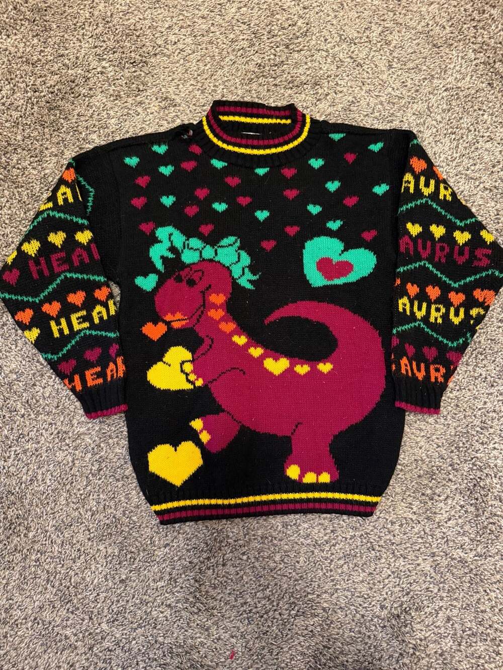 Vintage Hot Cashews Youth Dinosaur Heart Knit Sweater Made in USA